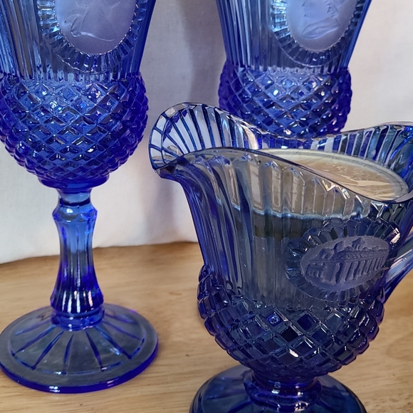 Vintage Fostoria Cobalt Blue Avon Pitcher/Creamer and Two Goblets W/ Orig Candle - Picture 6 of 11